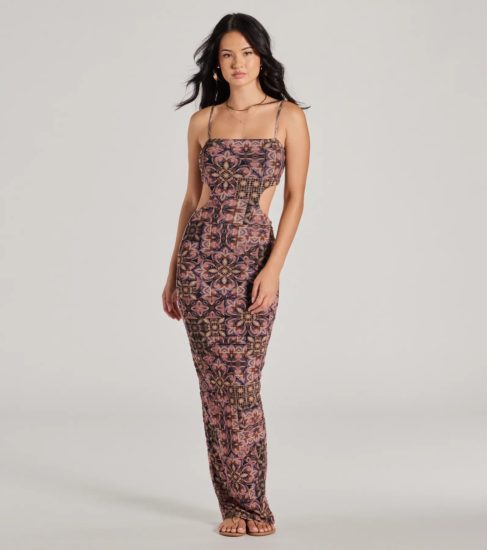 Maxi Casual Dresses for a Relaxed Look​ Serving Vibes Cutout Geometric Mesh Maxi Dress