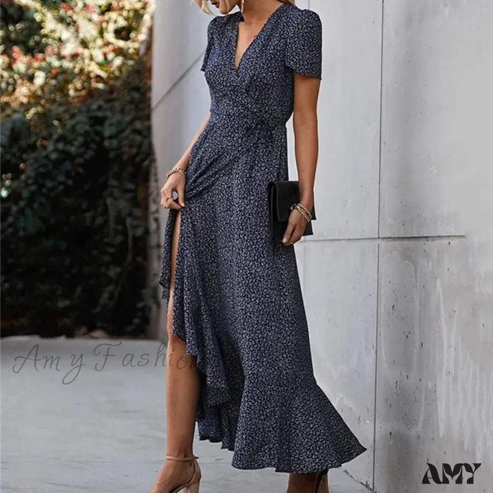 Anti - Wrinkle Casual Dresses for Easy Maintenance​ Amy Fashion - Floral Print Sexy V Neck Ruffle Hem Wrap Vintage Boho Dress