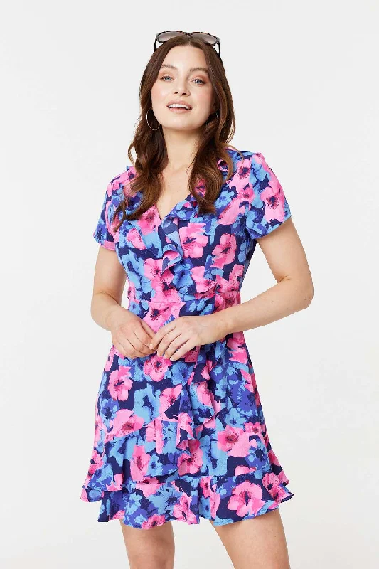 Neon - Colored Casual Dresses for a Trendy Look​ Floral Frill Faux Wrap Short Dress