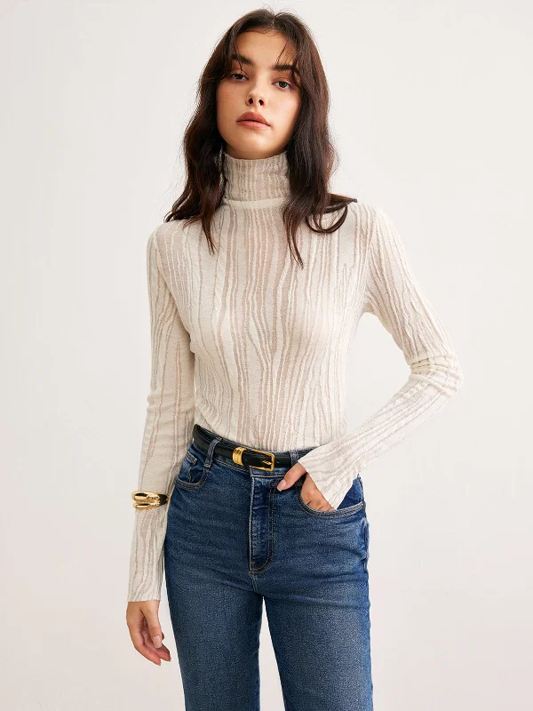 Glittery Casual Dresses for a Sparkly Effect​ Semi-Sheer Turtleneck Slim T-Shirt