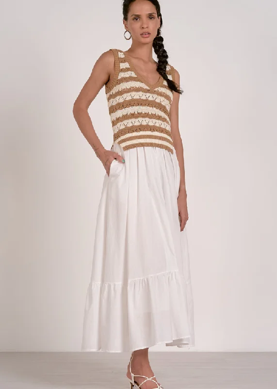 Outdoor Event Casual Dresses in Durable Fabrics​ Elan Lila Midi Dress- White Tan Stripe