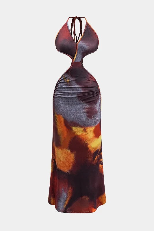 Non - Slip Casual Dresses with Adjustable Straps Abstract Leopard Print Ruched Tie Up Backless Maxi Dress Non - Slip Casual Dresses with Adjustable Straps Abstract Leopard Print Ruched Tie Up Backless Maxi Dress