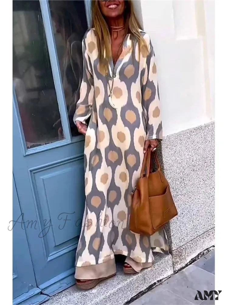 Outdoor Event Casual Dresses in Durable Fabrics Amy Fashion - Geometric Printing Split Autumn V Neck Boho Dress Outdoor Event Casual Dresses in Durable Fabrics Amy Fashion - Geometric Printing Split Autumn V Neck Boho Dress