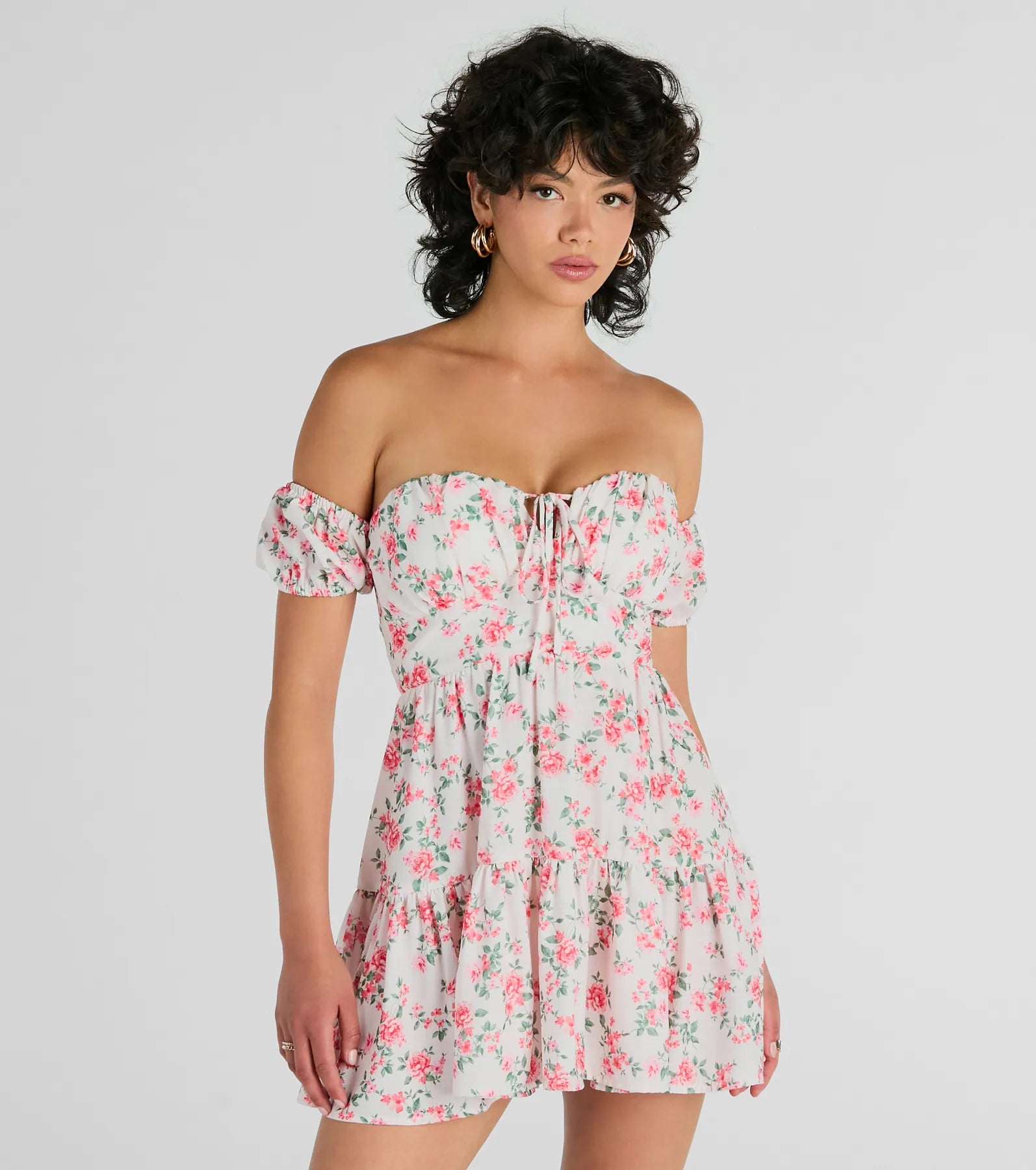 Mini Casual Dresses with Ruffled Hem​ Profound Bloom Off-The-Shoulder Floral Skater Dress