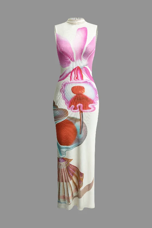Sun - Protective Casual Dresses for Outdoor Activities Floral Print Mock Neck Slit Sleeveless Maxi Dress Sun - Protective Casual Dresses for Outdoor Activities Floral Print Mock Neck Slit Sleeveless Maxi Dress