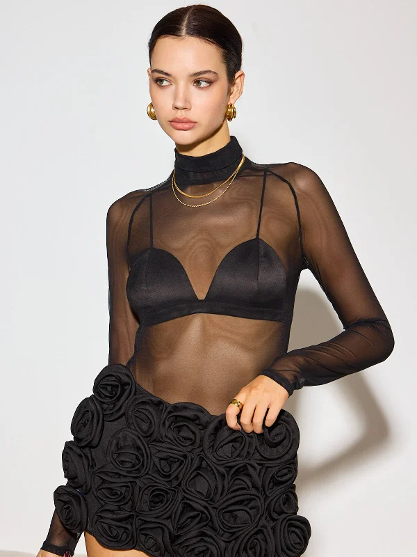Boho Style Casual Dresses with Fringe Details​ Mock Neck Sheer Mesh T-Shirt