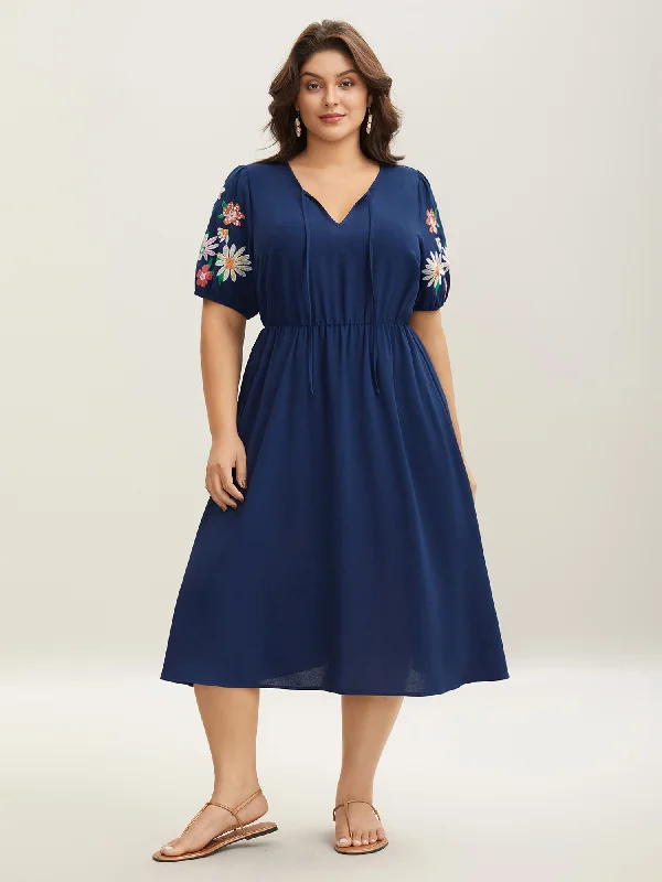 Drawstring - Waist Casual Dresses for Adjustable Tightness​ Floral Embroidered Neck Tie Midi Dress