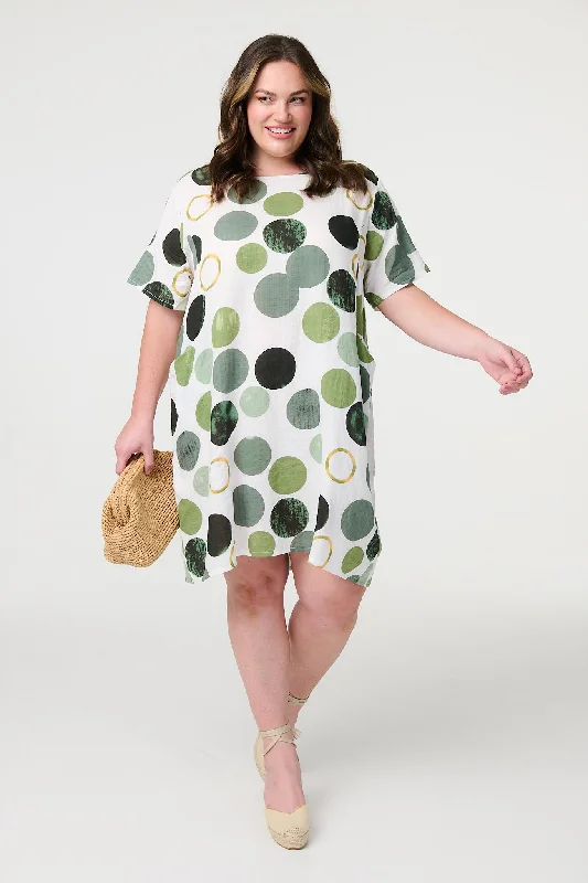 Short - Sleeve Casual Dresses with Printed Graphics​ Polka Dot Relaxed Tunic Dress