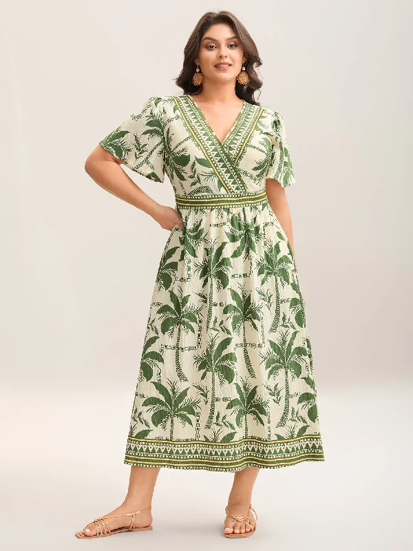 Faux Fur - Lined Casual Dresses for Winter Warmth​ Tropical Tree Print Contrast Hem Maxi Dress
