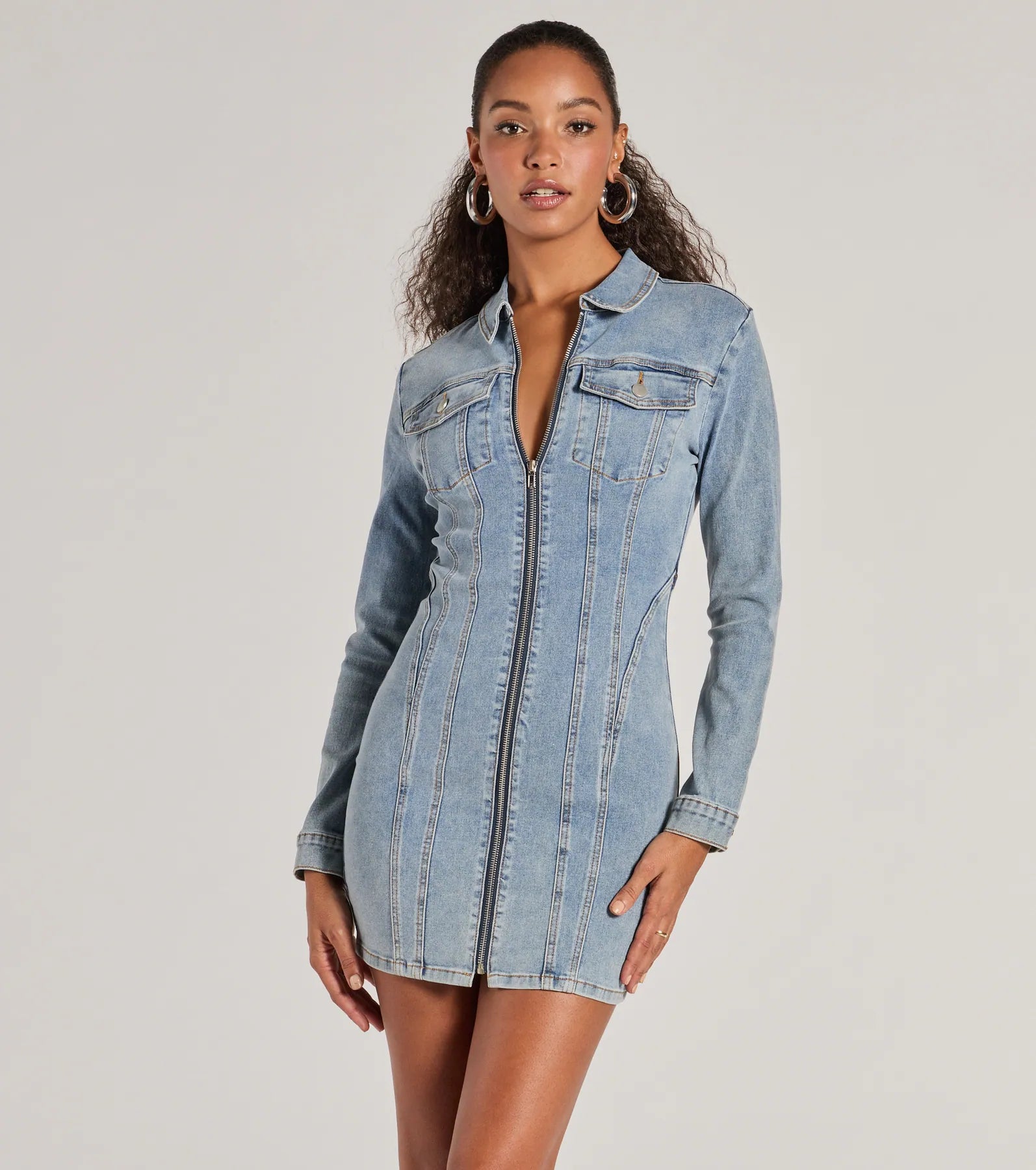 Fair Isle - Patterned Casual Dresses for a Festive Look​ Sweet Looking Long Sleeve Denim Mini Dress