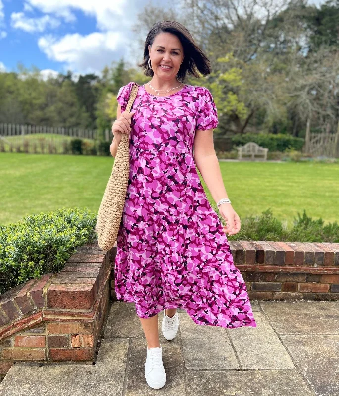 Denim - Patchwork Casual Dresses for a Unique Design​ Pink Floral Stretch Midi Dress