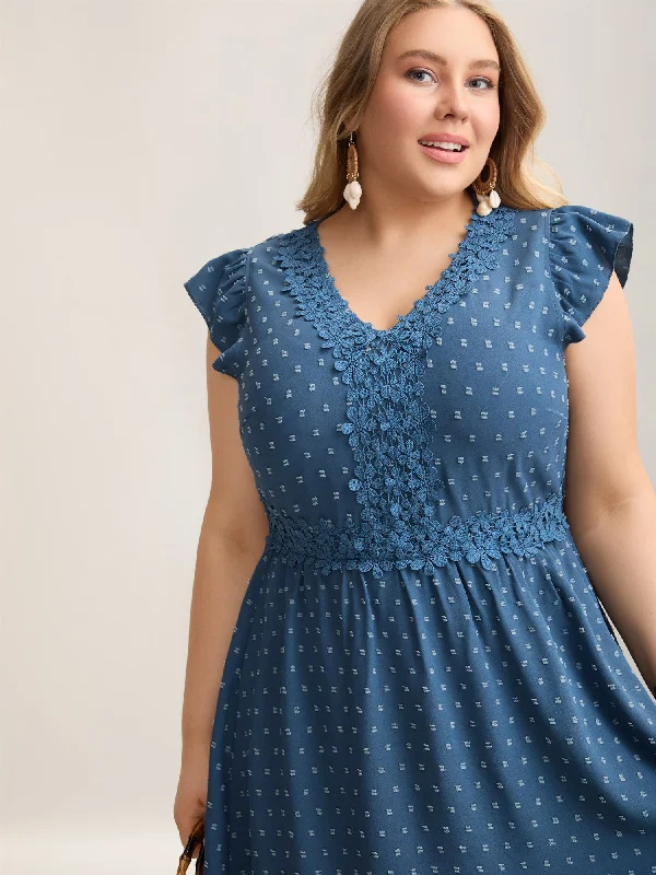 Tie - Waist Casual Dresses for Adjustable Fit​ Lace Textured Spliced Pockets Midi Dress