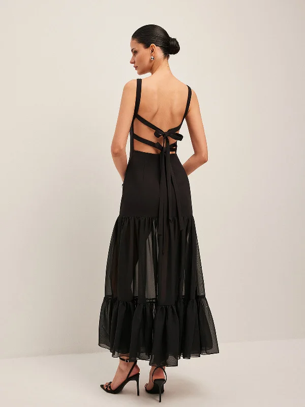 Plus - Size Casual Dresses for a Comfortable Fit​ Sheer Panel Back-Tie Ruffled Hem Dress