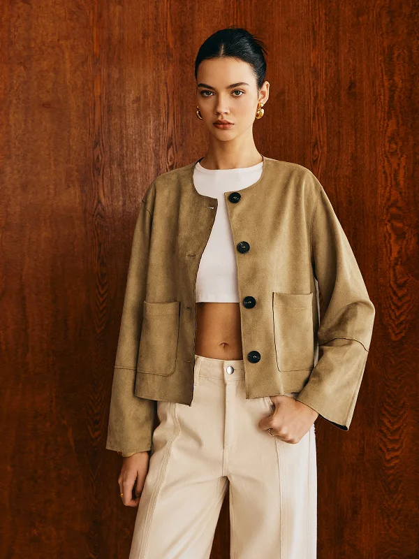 Detachable - Sleeve Casual Dresses for Versatility​ Large Pockets Breasted Suede Jacket