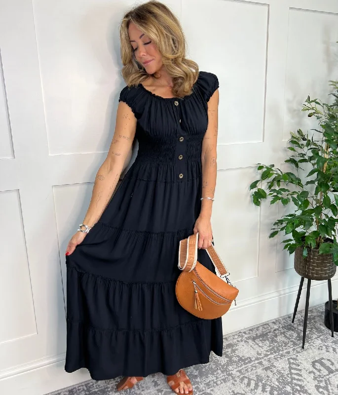 Smocked Waist Casual Dresses for Comfort​ Black Tiered Shirred Midi Dress