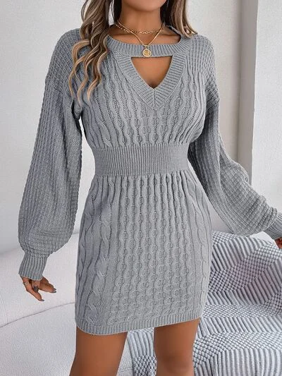 Mini dresses with patchwork designs for a unique style Cable-Knit Cutout Round Neck Slit Long Sleeve Sweater Dress Mini dresses with patchwork designs for a unique style Cable-Knit Cutout Round Neck Slit Long Sleeve Sweater Dress