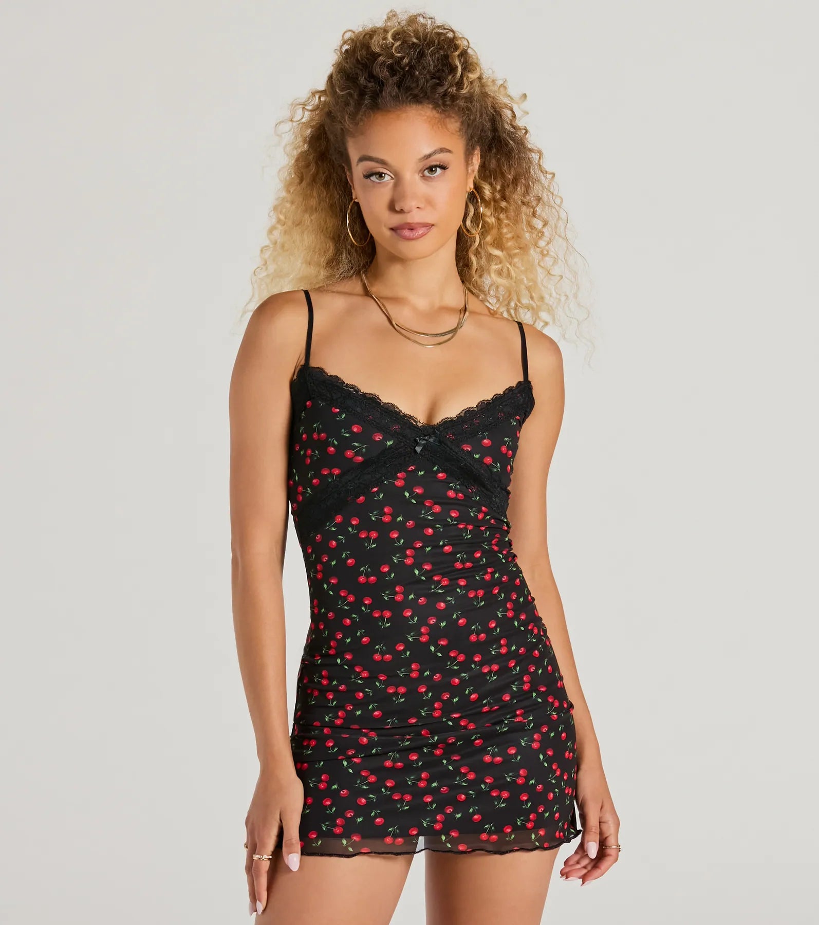 Work - from - Home Casual Dresses for Comfort and Style Cherry On Top Lace Trim V-Neck Mesh Mini Dress Work - from - Home Casual Dresses for Comfort and Style Cherry On Top Lace Trim V-Neck Mesh Mini Dress
