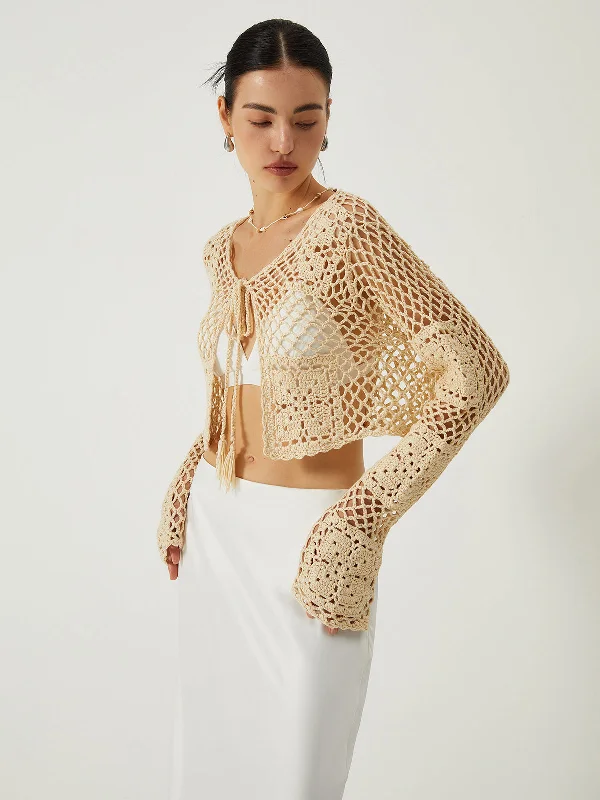 Detachable - Sleeve Casual Dresses for Versatility​ Hollow Knotted Knit Outerwear