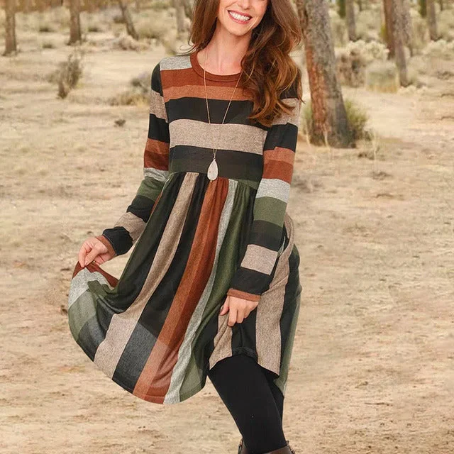 Mini dresses with ribbed textures for a unique appearance Vintage Casual Striped Dress
