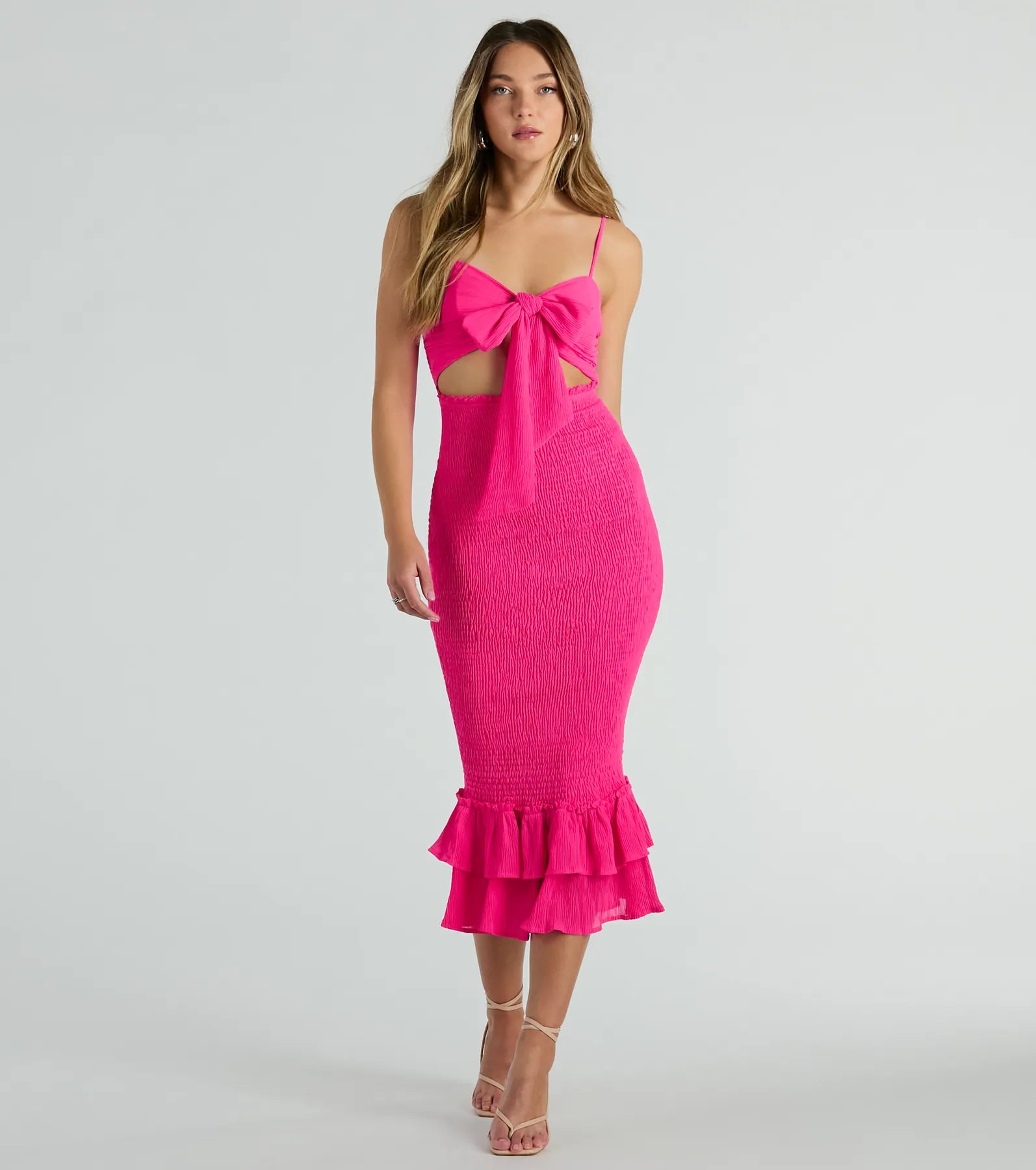 Layered Casual Dresses for a Stylish Ensemble​ Bold Babe Cutout Ruffle Hem Chiffon Midi Dress