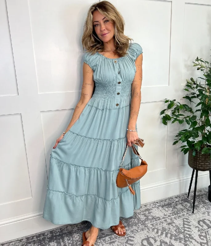 Sleeveless Casual Dresses for Warm Weather​ Khaki Tiered Shirred Midi Dress