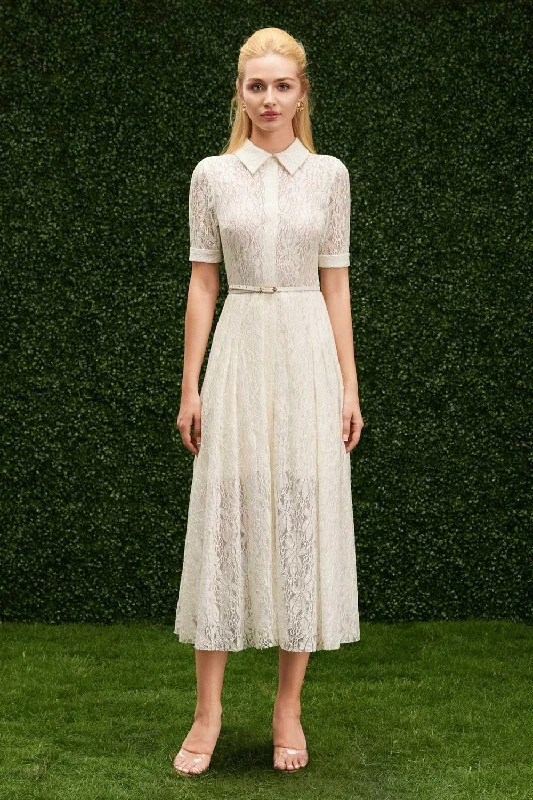 Geometric - Patterned Casual Dresses for a Modern Style Andrea A-line Collared Neck Lace Midi Dress Geometric - Patterned Casual Dresses for a Modern Style Andrea A-line Collared Neck Lace Midi Dress