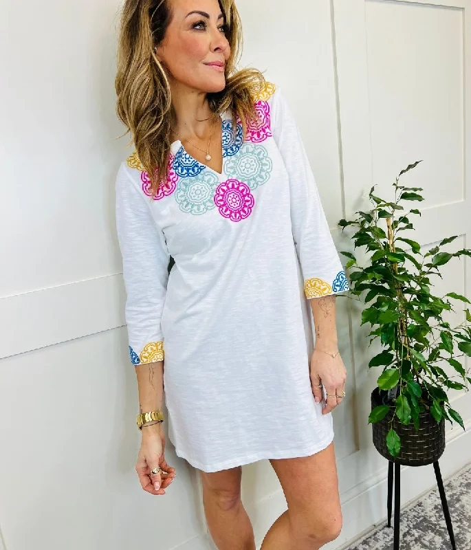 Custom - Made Casual Dresses for a Personalized Fit White Embroidered Tunic Dress