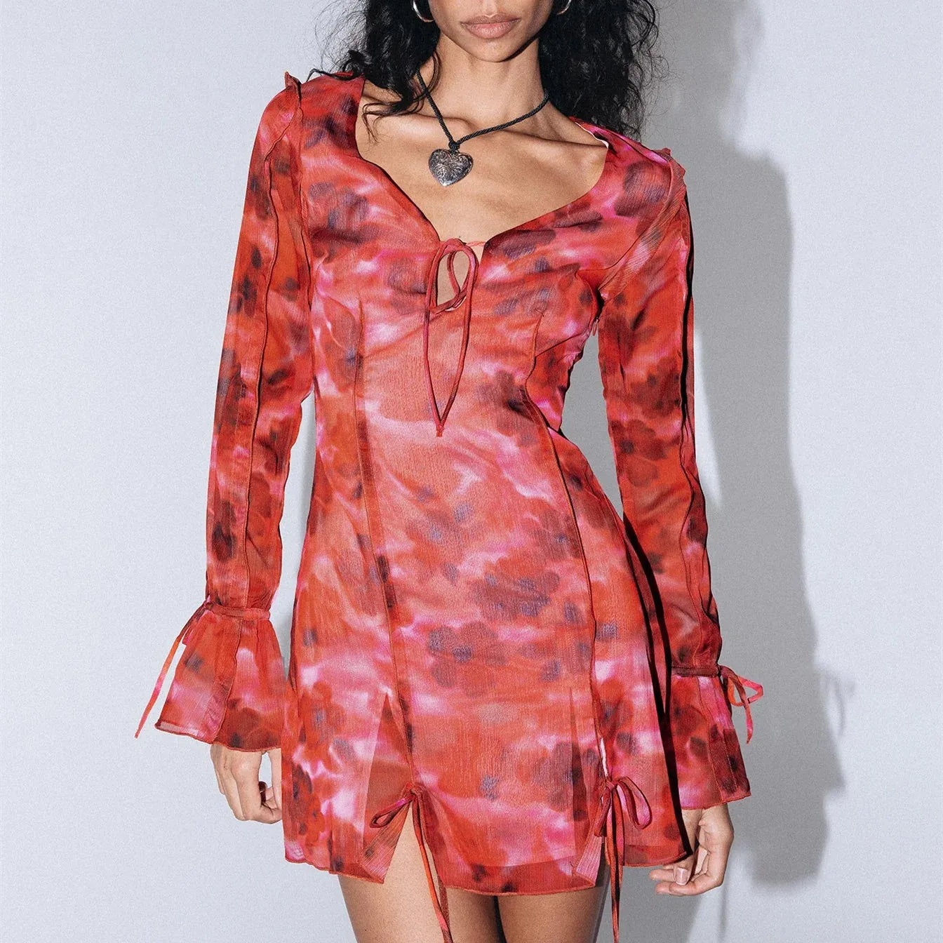 Ruffled mini dresses for a romantic touch Floral Print Casual Long Sleeve V Neck Tie-up Front Split Hem Club Mini Dress Ruffled mini dresses for a romantic touch Floral Print Casual Long Sleeve V Neck Tie-up Front Split Hem Club Mini Dress