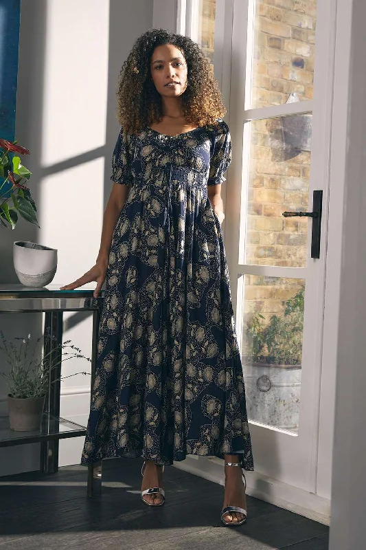 Hat - Friendly Casual Dresses for Outdoor Outfits​ Printed Shirred Waist Maxi Dress