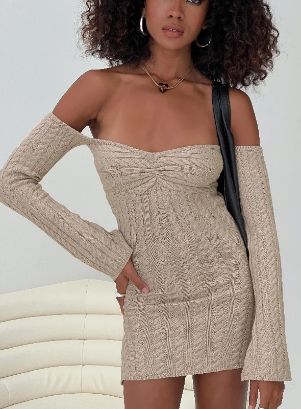Mini dresses with tassel accents for a fun touch Bayard Off The Shoulder Knit Mini Dress Beige Mini dresses with tassel accents for a fun touch Bayard Off The Shoulder Knit Mini Dress Beige