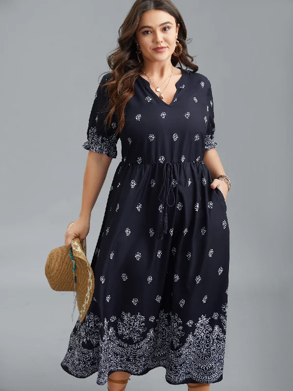 Travel - Friendly Casual Dresses for Comfort on the Go Floral Waist-Tie Notched Collar Midi Dress Travel - Friendly Casual Dresses for Comfort on the Go Floral Waist-Tie Notched Collar Midi Dress