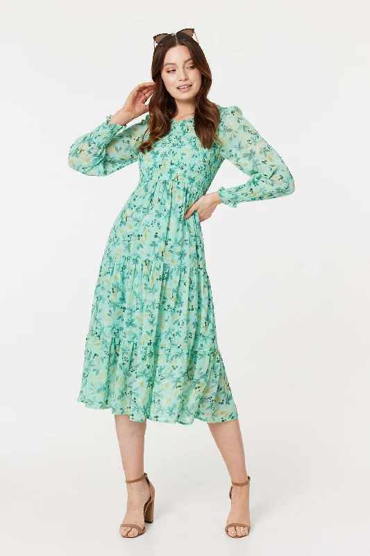 Belted Casual Dresses to Define the Waist​ Floral Long Sleeve Midi Smock Dress