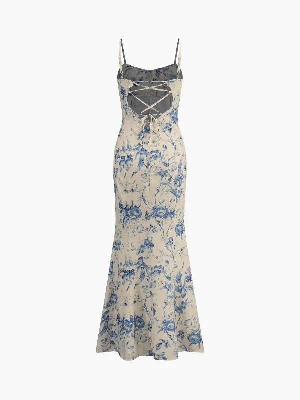 Button - Down Casual Dresses for a Classic Vibe​ Floral Backless Lace-Up Long Dress