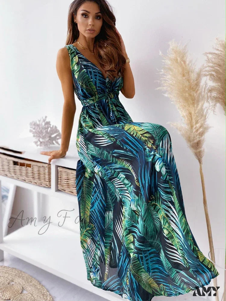 Sun - Protective Casual Dresses for Outdoor Activities Amy Fashion - Deep V Neck Print Sleeveless Boho Dress Sun - Protective Casual Dresses for Outdoor Activities Amy Fashion - Deep V Neck Print Sleeveless Boho Dress