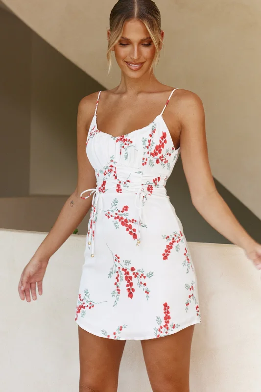 Metallic mini dresses for a glamorous event Bright Side Spaghetti Strap Ruched Detail Dress Floral Print White Metallic mini dresses for a glamorous event Bright Side Spaghetti Strap Ruched Detail Dress Floral Print White