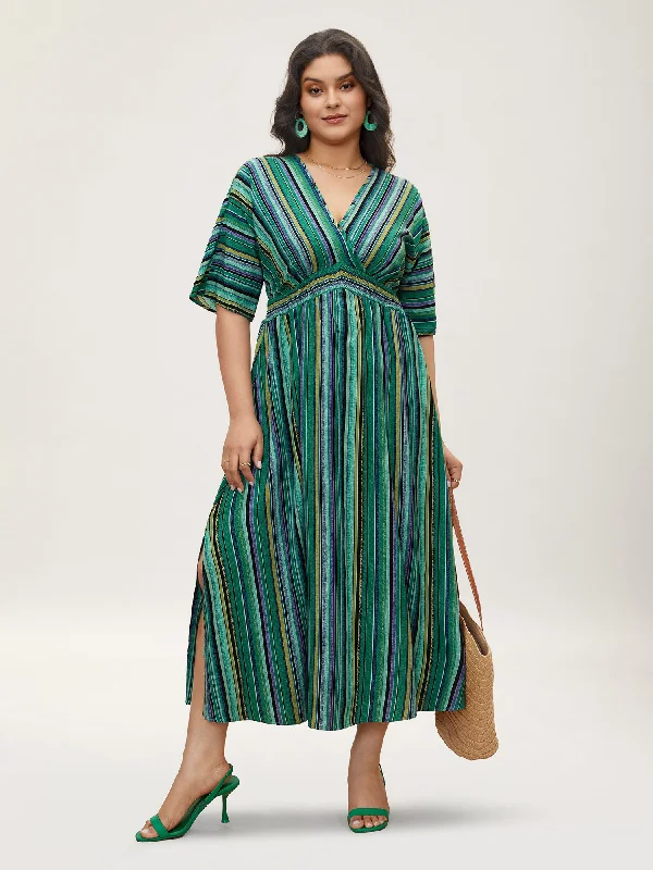 Long - Sleeve Casual Dresses in Lightweight Fabrics Striped Contrast Dolman Sleeve Shirred Pocket Split Flutter Dress Long - Sleeve Casual Dresses in Lightweight Fabrics Striped Contrast Dolman Sleeve Shirred Pocket Split Flutter Dress