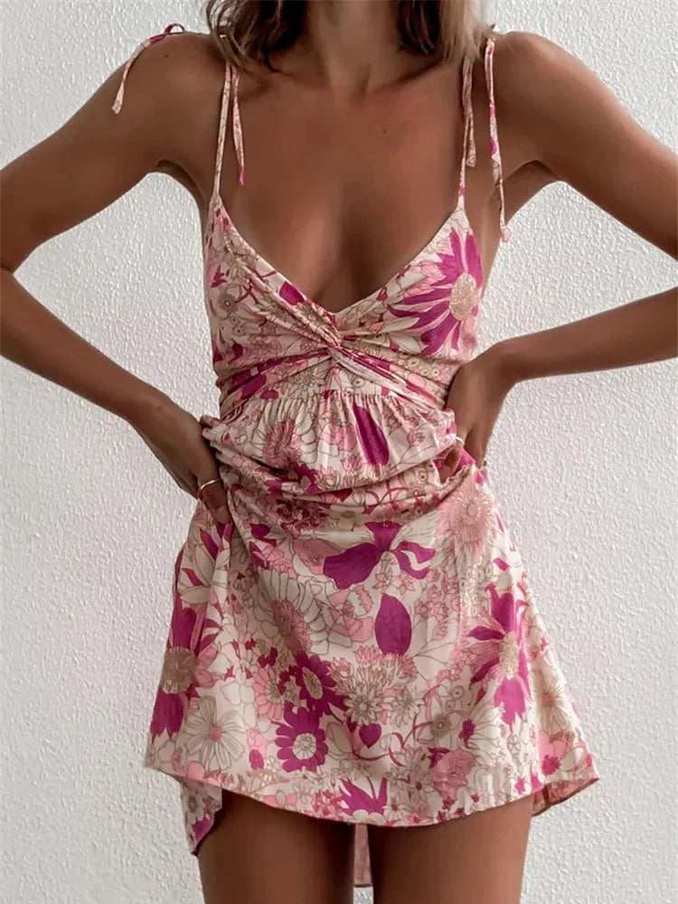 Mini dresses with button - down fronts Floral Boho Pink Flower Print Bohemian Beach Style Ruffled Backless Mini Dress Mini dresses with button - down fronts Floral Boho Pink Flower Print Bohemian Beach Style Ruffled Backless Mini Dress