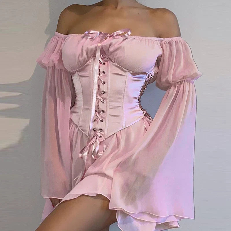 Mini dresses with high - low hems for a modern twist Puff Sleeve Off Shoulder Lace Up Swing Ruffle Mesh Party Body Shaper Bustier Corset Mini Dress Mini dresses with high - low hems for a modern twist Puff Sleeve Off Shoulder Lace Up Swing Ruffle Mesh Party Body Shaper Bustier Corset Mini Dress