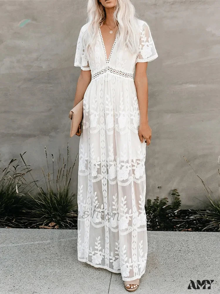 Maxi Casual Dresses for a Relaxed Look Amy Fashion - Loose Embroidery White Lace Maxi Boho Dress Maxi Casual Dresses for a Relaxed Look Amy Fashion - Loose Embroidery White Lace Maxi Boho Dress