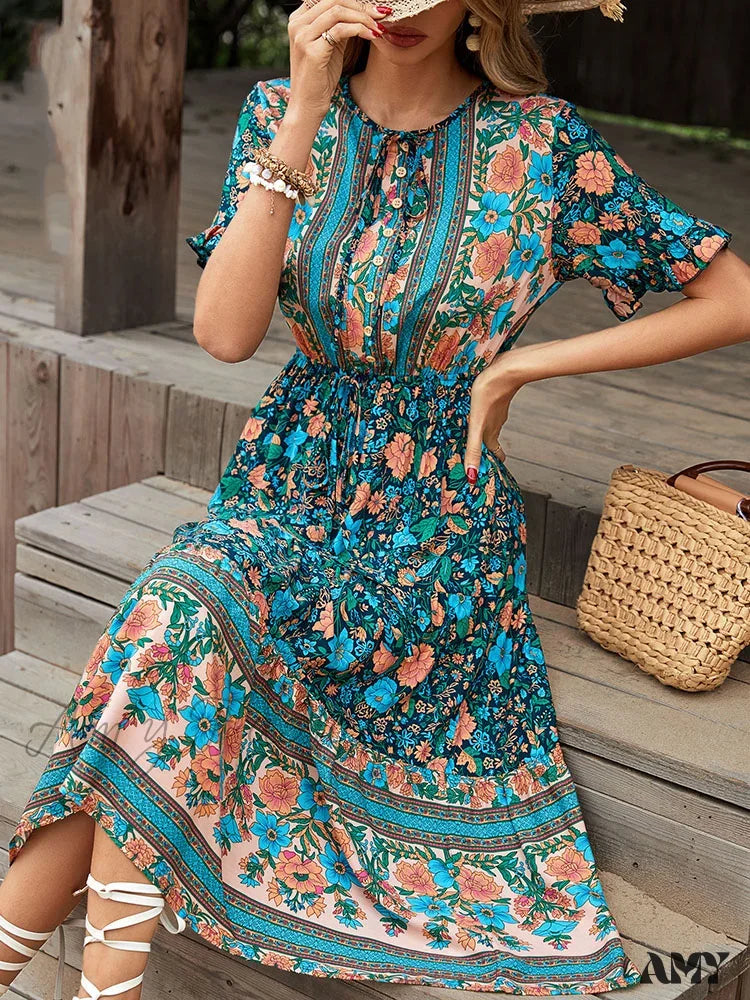 Knit Casual Dresses in Chunky Patterns​ Amy Fashion - Vintage Round Neck A-Line Boho Dress