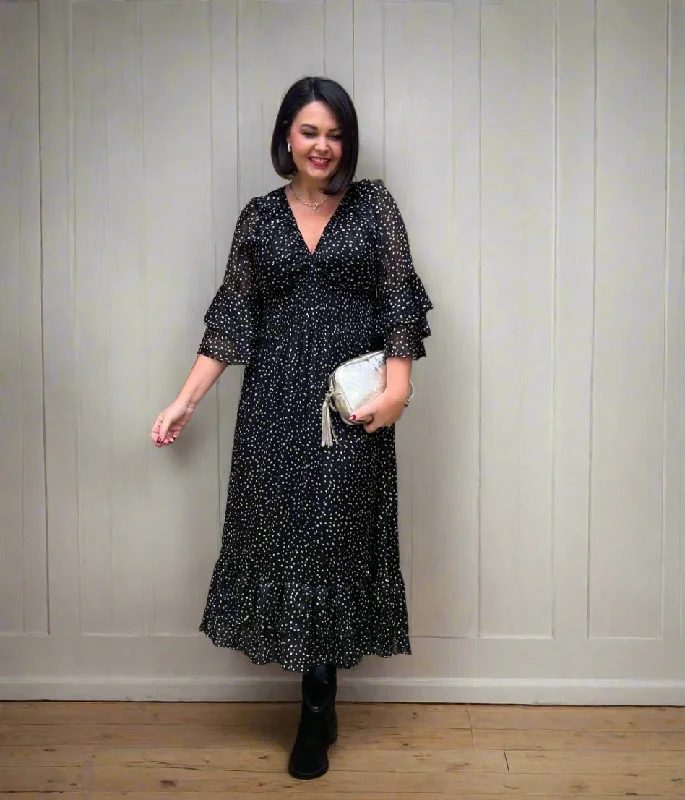 Upcycled Casual Dresses for an Eco - Conscious Choice​ Black Spotted Chiffon Maxi Dress