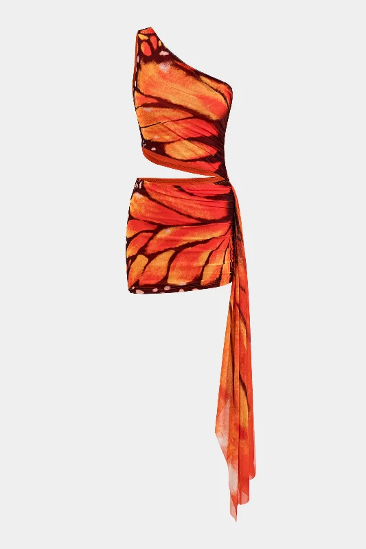 Modal Casual Dresses in Smooth Textures Butterfly Print Mesh Ruched Asymmetrical One Shoulder Mini Dress Modal Casual Dresses in Smooth Textures Butterfly Print Mesh Ruched Asymmetrical One Shoulder Mini Dress
