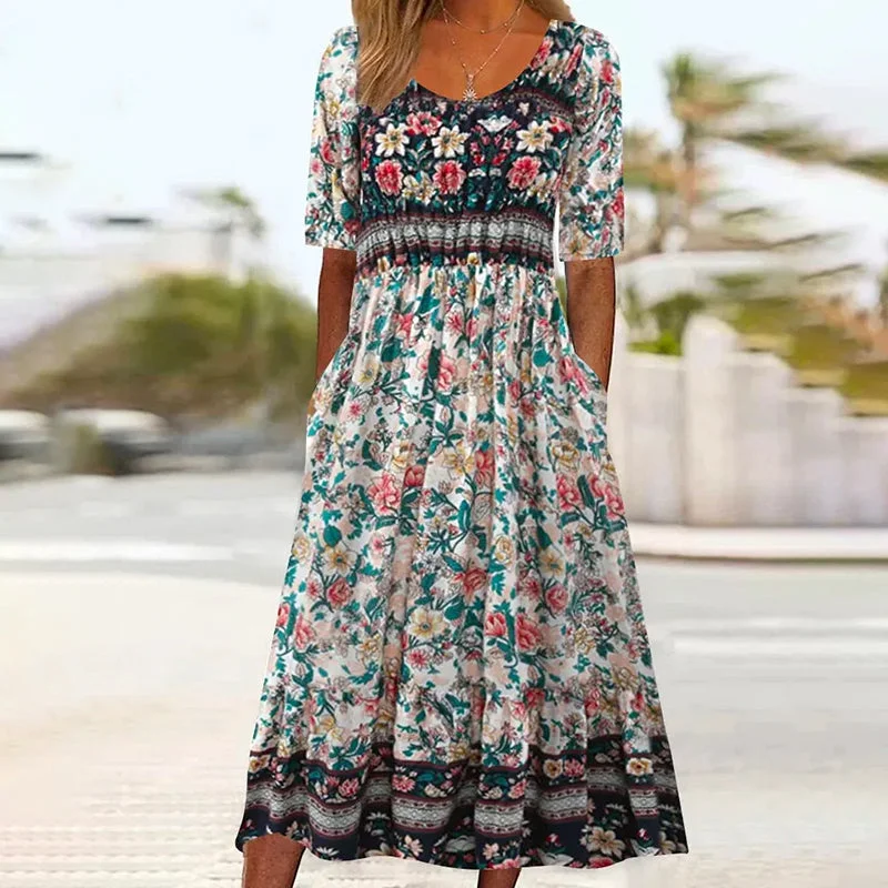 Velvet mini dresses for autumn weddings Vintage Floral Pleated Dress