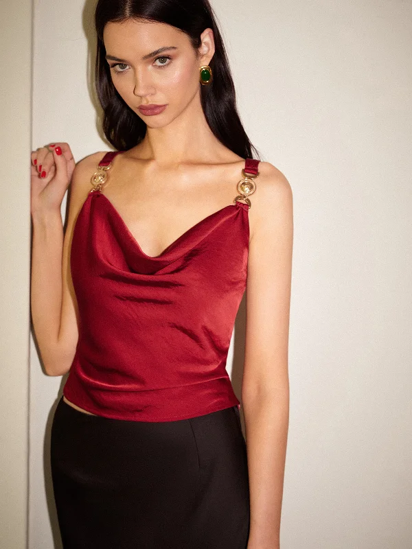 Machine - Washable Casual Dresses for Hassle - Free Care​ Cowl Neck Metal-Detail Satin Cami Top