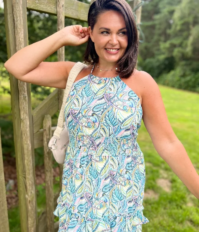 Cable - Knit Casual Dresses for a Traditional Style Blue Halter Neck Tiered Maxi Dress Cable - Knit Casual Dresses for a Traditional Style Blue Halter Neck Tiered Maxi Dress
