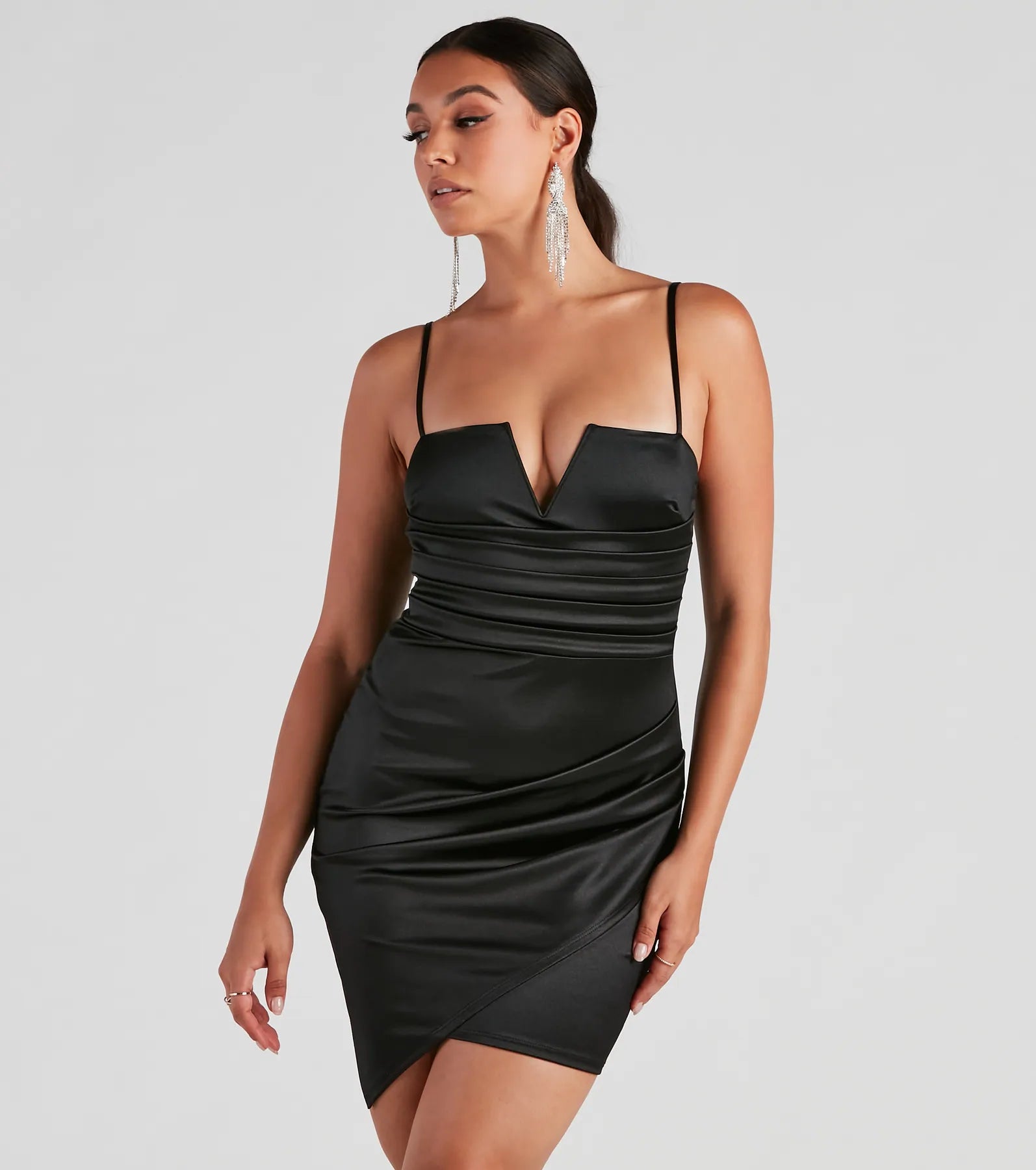 Mini dresses with tiered skirts for added volume Hey Gorgeous Satin Wrap Mini Dress