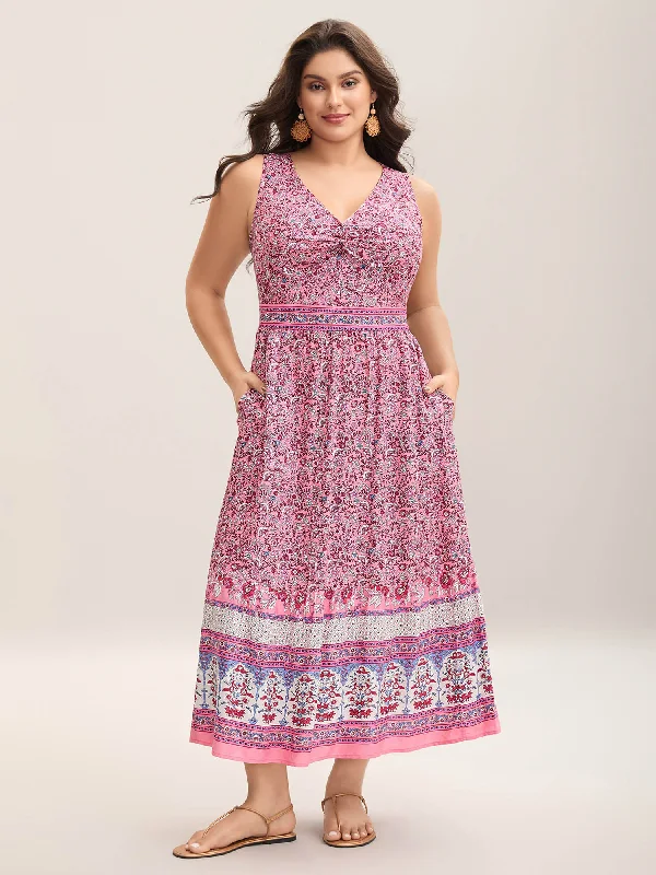 A - Line Casual Dresses for a Flattering Silhouette​ Rayon Floral Print Stretchy Waist Maxi Dress