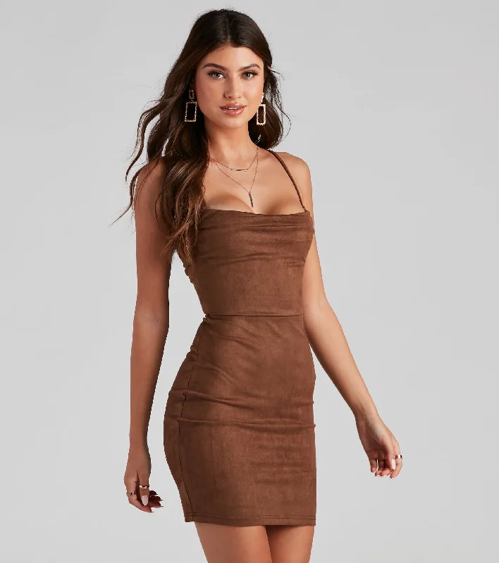 Mini dresses with cold - shoulder designs Chic Babe Faux Suede Mini Dress