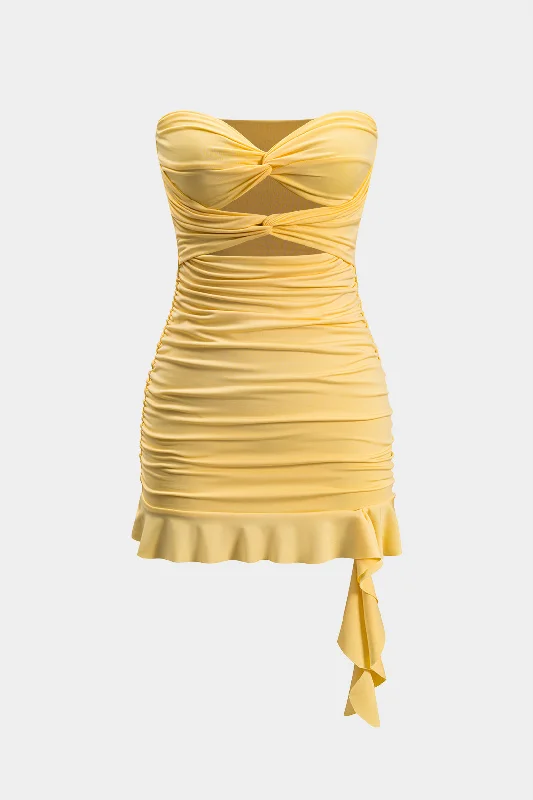 Work - from - Home Casual Dresses for Comfort and Style Ruffle Cut Out Twist Knot Strapless Mini Dress Work - from - Home Casual Dresses for Comfort and Style Ruffle Cut Out Twist Knot Strapless Mini Dress