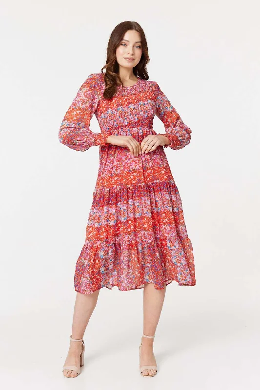 Sun - Protective Casual Dresses for Outdoor Activities​ Floral Long Puff Sleeve Smock Dress